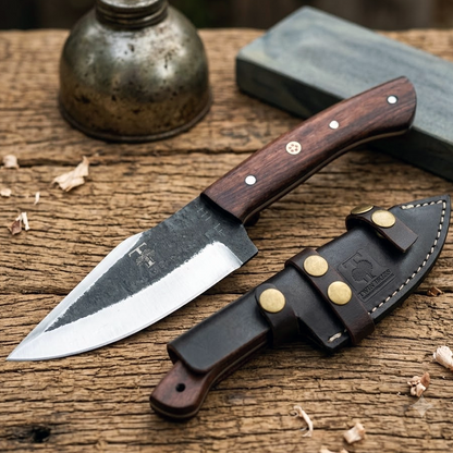 TT 114 4.55" Twin Tree Black Scale Wood Fixed Blade Hunting Knife with Leather Sheath
