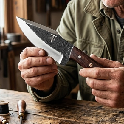 TT 114 4.55" Twin Tree Black Scale Wood Fixed Blade Hunting Knife with Leather Sheath