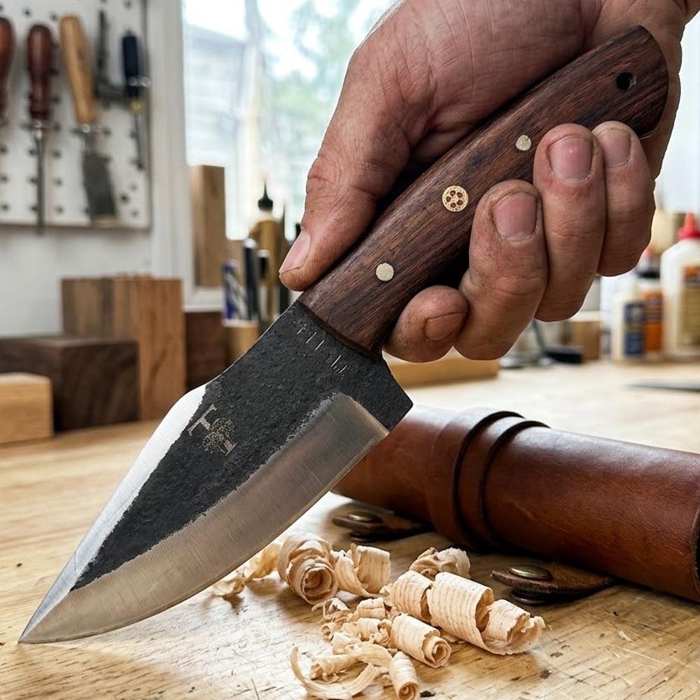 TT 114 4.55" Twin Tree Black Scale Wood Fixed Blade Hunting Knife with Leather Sheath