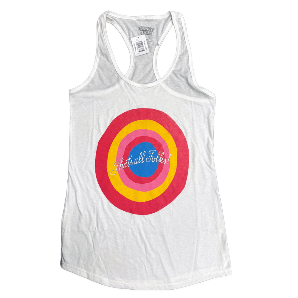 Women Junior's White Looney Tunes Thats All Folks Racerback Tank Top - Rex Distributor, Inc. Wholesale Licensed Products and T-shirts, Sporting goods,