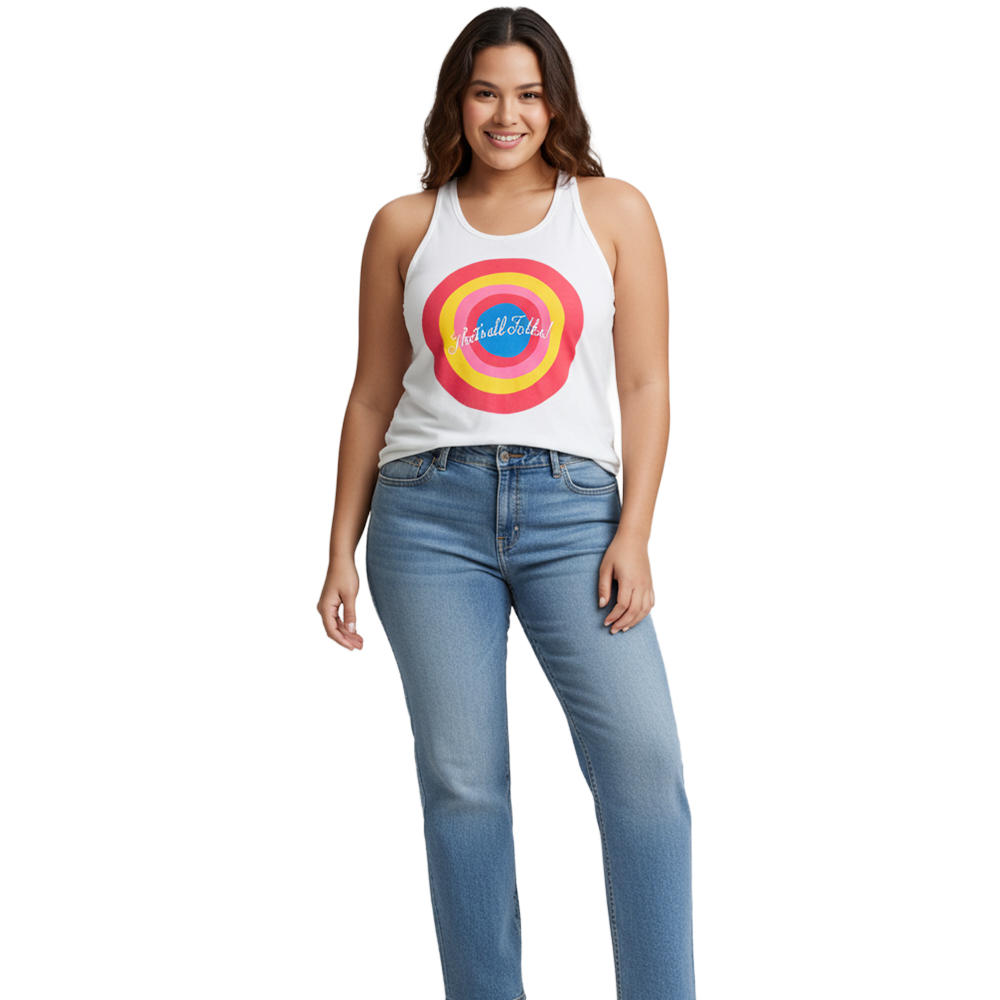Women Junior's White Looney Tunes Thats All Folks Racerback Tank Top - Rex Distributor, Inc. Wholesale Licensed Products and T-shirts, Sporting goods,