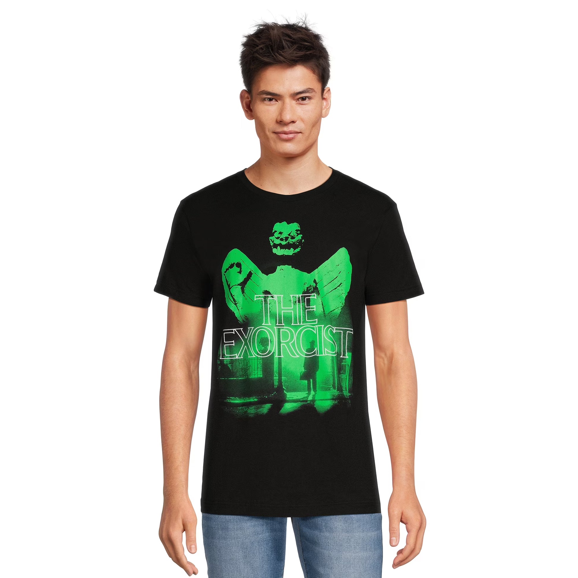 Men's black graphic T-shirt featuring The Exorcist design, made by Rex Distributor, Inc., available in sizes S to 3XL.