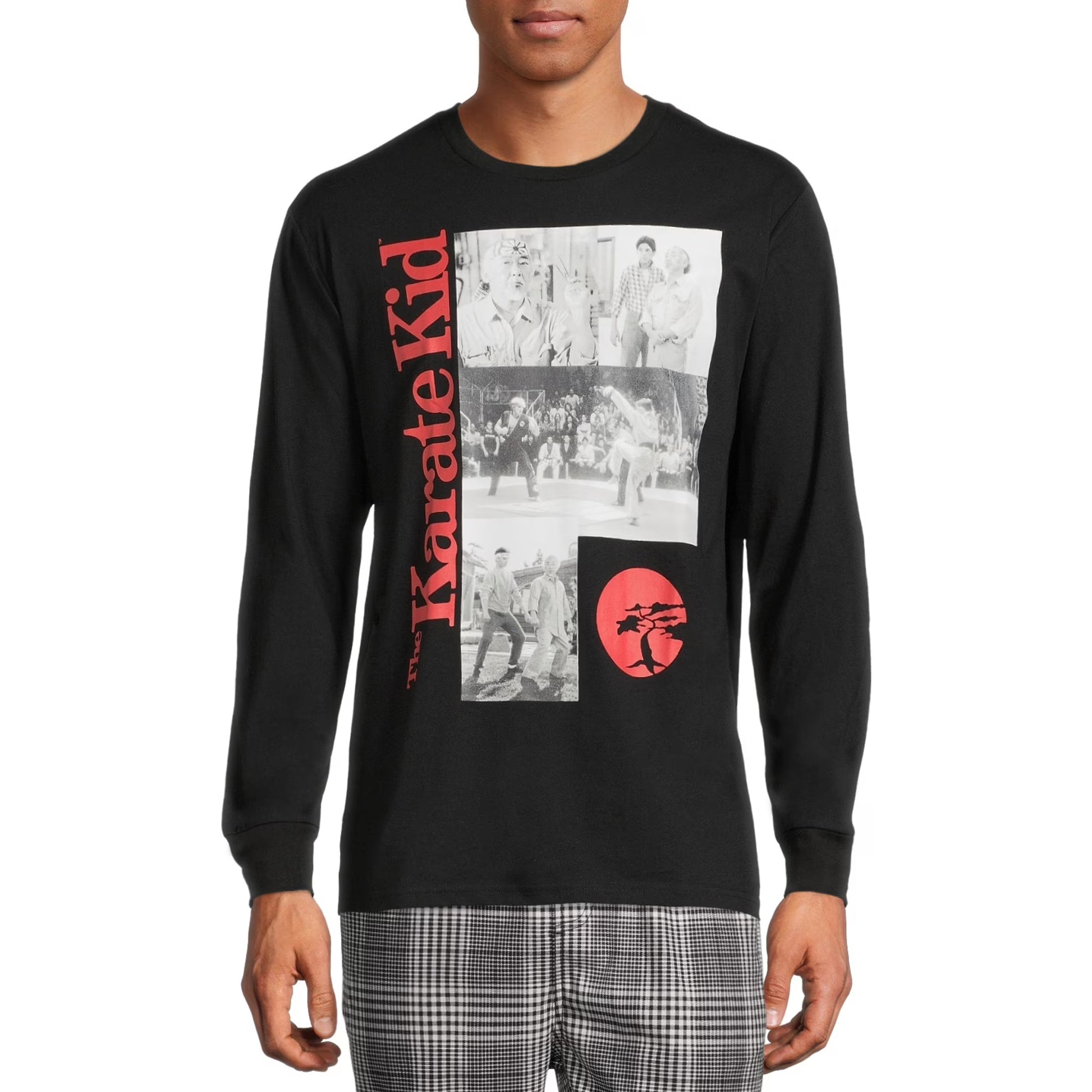 Men's Karate Kid long sleeve graphic T-shirt featuring Karate Kid branding and a classic martial arts design.