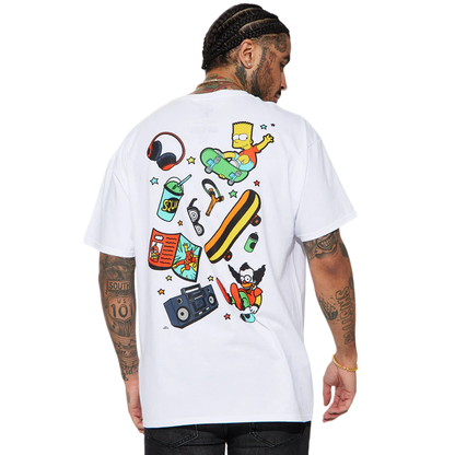 Men's white The Simpsons Icons graphic T-shirt featuring dual-sided cartoon designs by Rex Distributor, Inc.