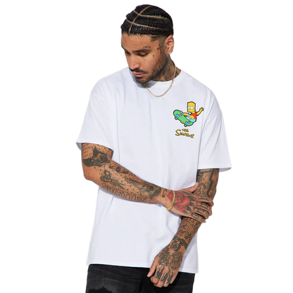 Men's white The Simpsons Icons graphic T-shirt featuring double-sided print with popular characters, by Rex Distributor, Inc.