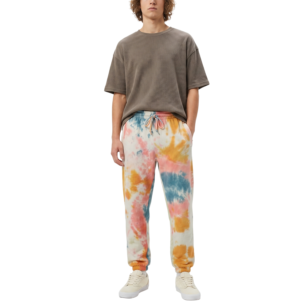 Men's faded pastel tie-dye jogger sweatpants with double front pockets, made by C-Life Group.