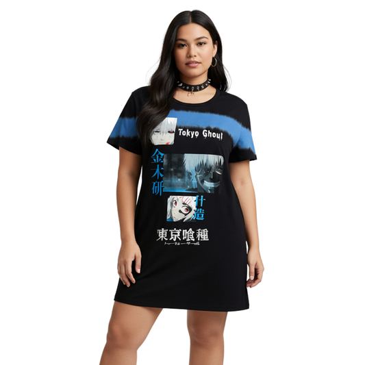 Tokyo Ghoul Ken Kanji tie-dye T-shirt dress by Bioworld featuring bold Tokyo Ghoul graphics and vibrant blue and purple tie-dye pattern.