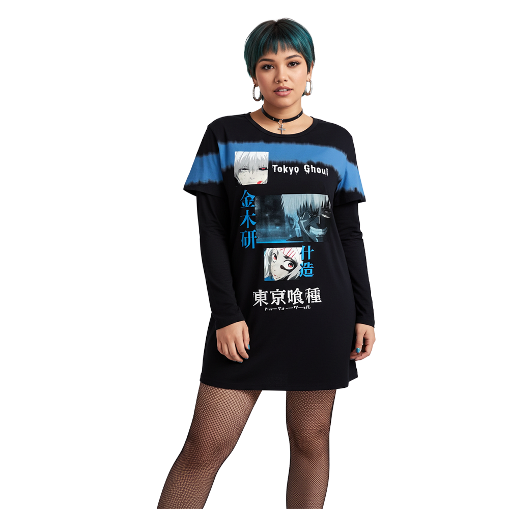 Tokyo Ghoul Ken Kanji tie-dye T-shirt dress by Bioworld, featuring a colorful, casual design with Tokyo Ghoul graphic print.