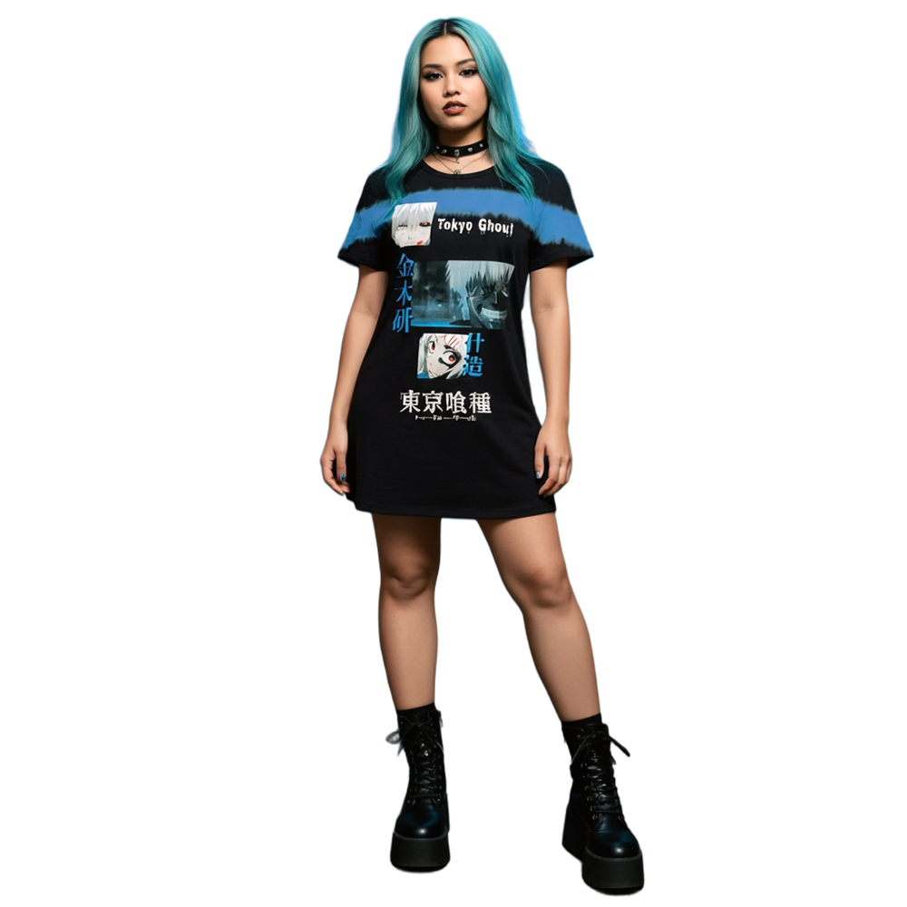 Tokyo Ghoul Ken Kanji tie-dye T-shirt dress by Bioworld, featuring bold graphic design and comfortable casual fit.