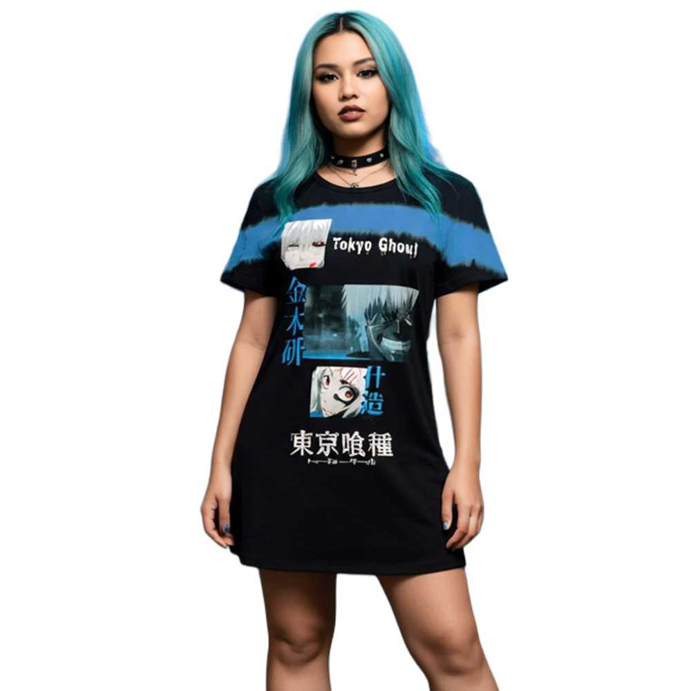 Tokyo Ghoul Ken Kanji tie-dye T-shirt dress by Bioworld featuring bold Tokyo Ghoul logo and vibrant blue and purple colors.
