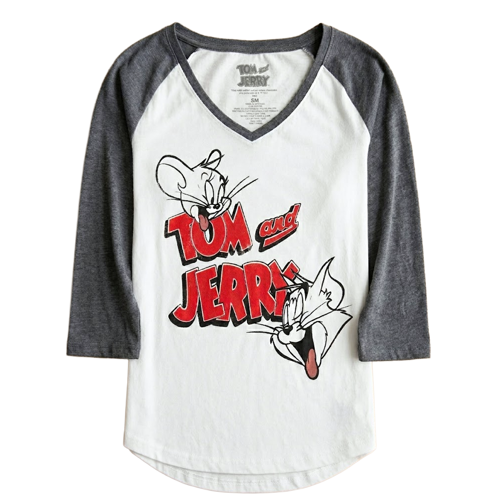 Women’s Junior Raglan Tom and Jerry V-neck graphic T-shirt by Bioworld, featuring cartoon character print on soft fabric.