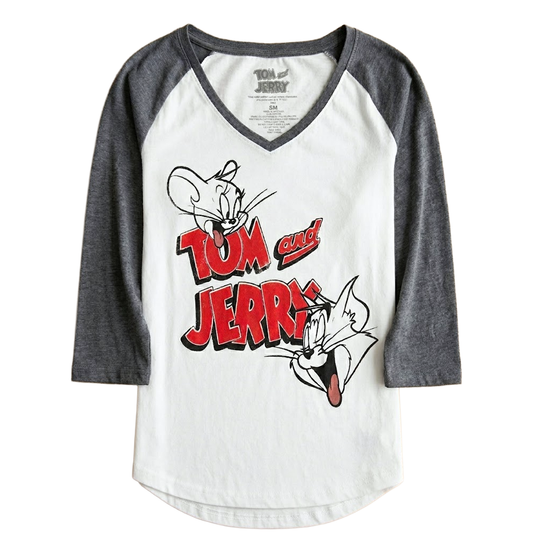 Women Junior's Raglan Tom and Jerry V-Neck Graphic Tee T-Shirt