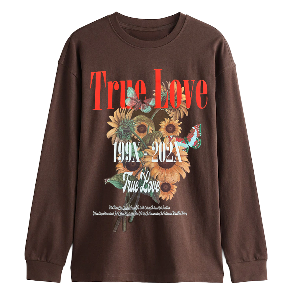 Men's brown long sleeve T-shirt with sunflower graphic, from Rex Distributor, Inc., featuring a True Love design.