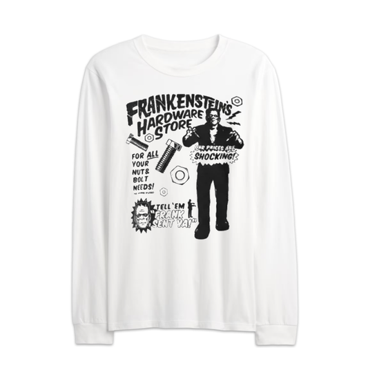 Men's White Universal Monsters Frankenstein Hardware Store Graphic Long Sleeve Shirt Tee