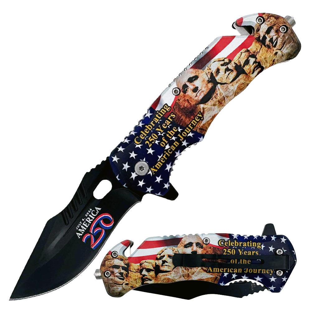 US 2916-1 4.75" USA 250 Mount Rushmore Rescue Knife with Belt Cutter, Glass Breaker, Belt Clip