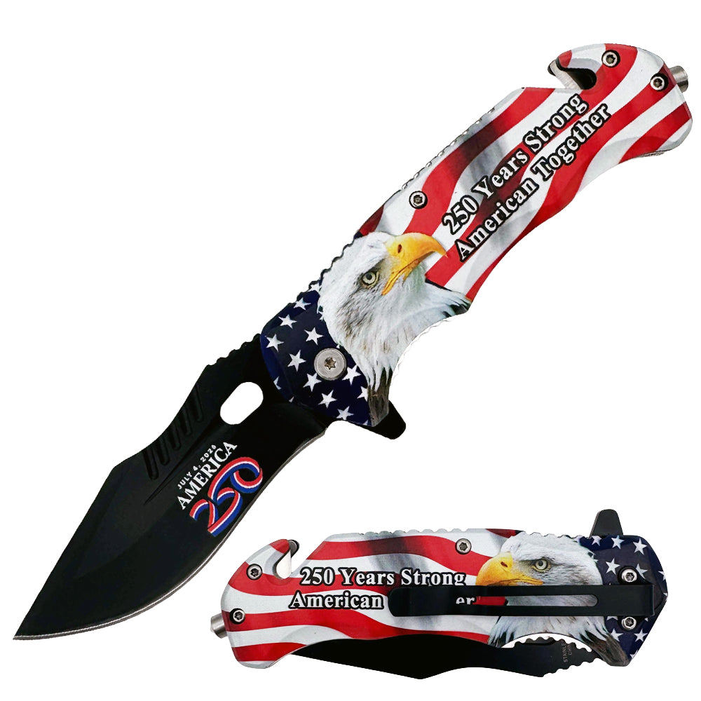 US 2916-2 4.75" USA 250 Eagle Rescue Knife with Belt Cutter, Glass Breaker, Belt Clip