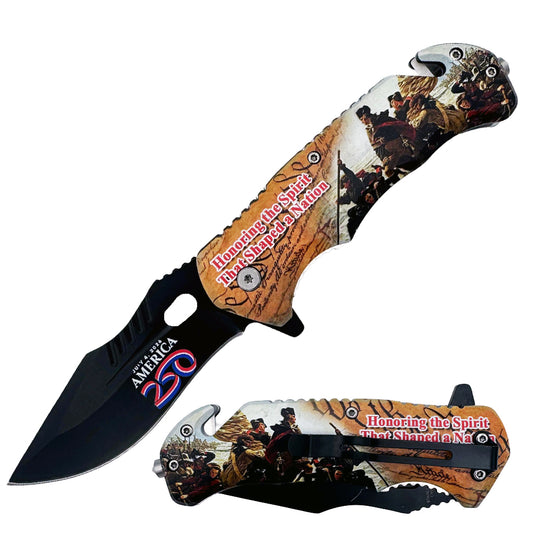 US 2916-4 4.75" USA 250 George Washington Rescue Knife with Belt Cutter, Glass Breaker, Belt Clip