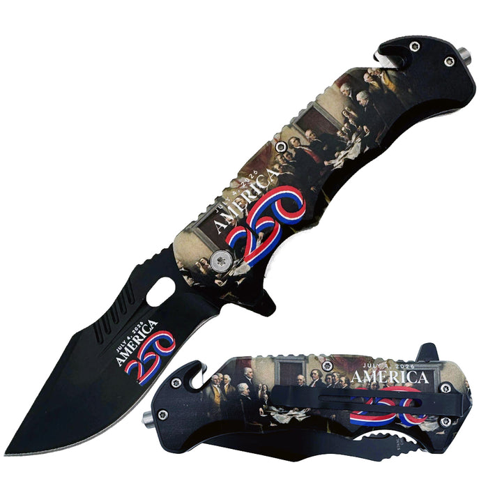 US 2916-5 4.75" USA 250 Declaration of Independence Rescue Knife with Belt Cutter, Glass Breaker, Belt Clip