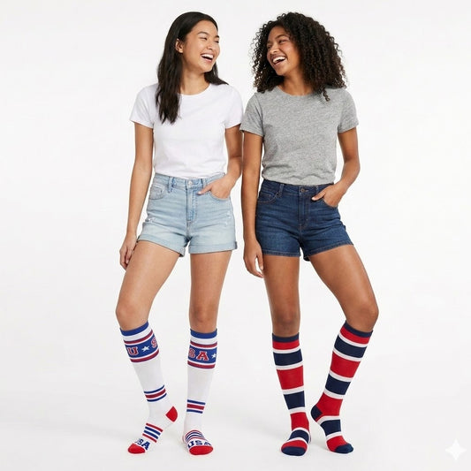Pair of women's USA knee-high socks by Bioworld featuring red, white, and blue stripes in a patriotic design.