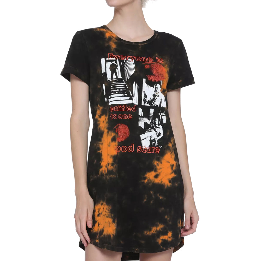Michael Myers Halloween tie-dye T-shirt dress by Bioworld, featuring spooky graphic design and casual fit on a model.