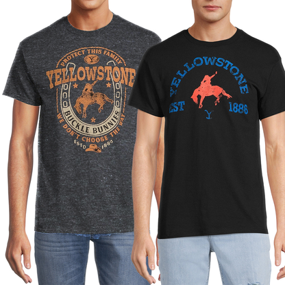 Two men's Yellowstone graphic T-shirts by Mad Engine featuring nature-inspired designs, displayed flat on a white background.