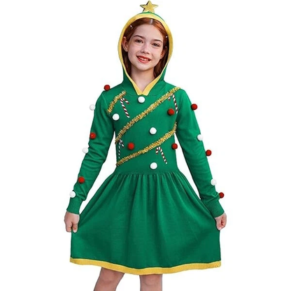 Girls Christmas Tree Fuzzy Ornament Pullover Dress with Hood by Mad Engine, featuring festive holiday tree design and cozy fleece fabric.