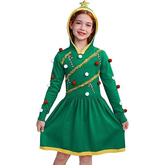 Girls Christmas Tree Fuzzy Ornament Pullover Dress with Hood by Mad Engine, featuring festive holiday tree design and cozy fleece fabric.