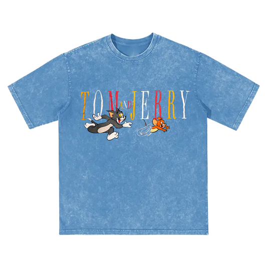 Men's Acid Wash Blue Tom & Jerry Graphic T-Shirt