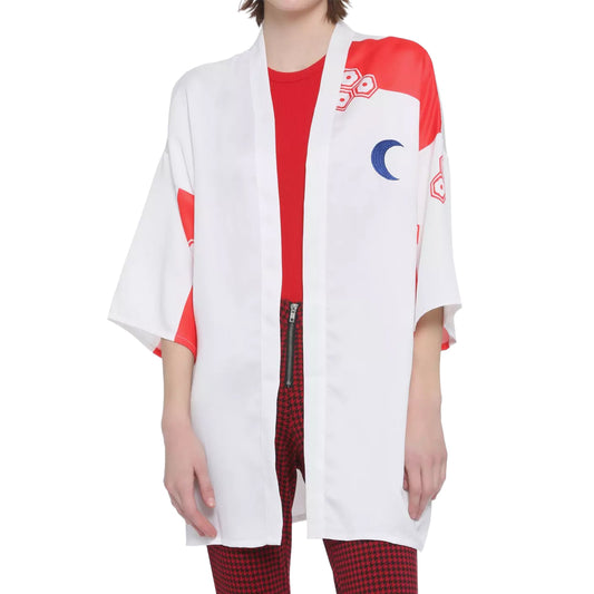 Person wearing a white kimono-style jacket with red and blue designs on a white background