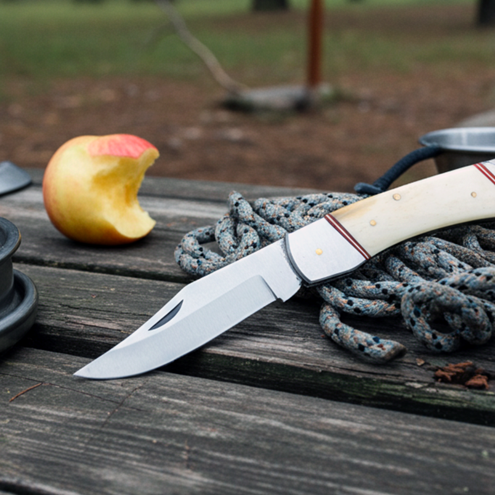 PK 116-BN 5" White Bone Handle Folding Pocket Knife with Leather Sheath