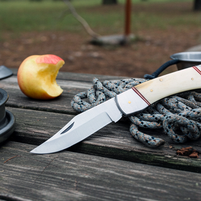 PK 116-BN 5" White Bone Handle Folding Pocket Knife with Leather Sheath