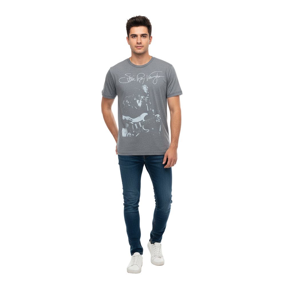 Man wearing a gray t-shirt with a graphic design on a white background