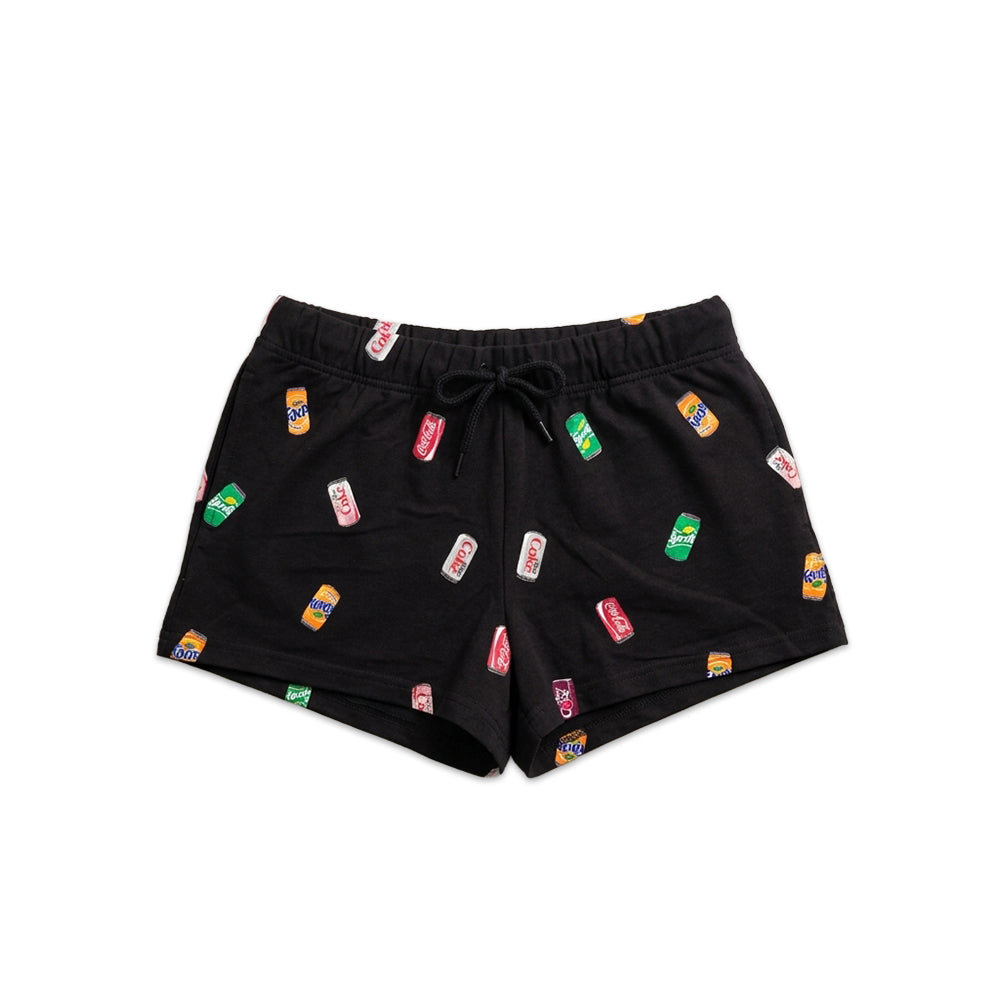 Women's black Coca-Cola soda can print shorts sleepwear by Bioworld, featuring a casual, comfortable design with soda can graphics.