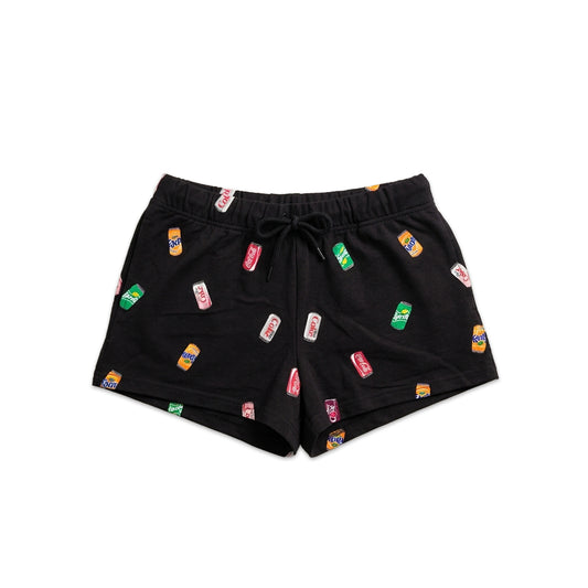 Women's black Coca-Cola soda can print shorts sleepwear by Bioworld, featuring a casual, comfortable design with soda can graphics.