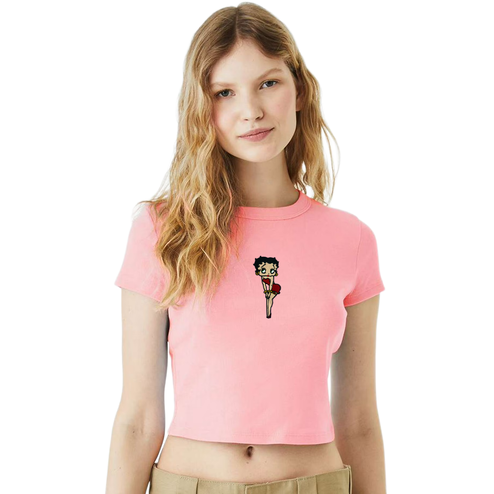 Women Junior's Betty Boop Graphic Micro Ribbed Baby Tee Pink