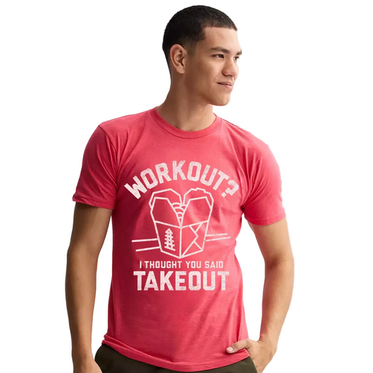 Men's Rex Distributor, Inc. Workout T-shirt with humorous "I Thought You Said Takeout" slogan, casual fit and comfortable fabric.