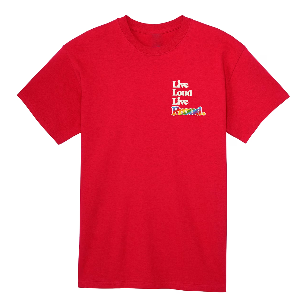 Women’s junior’s graphic T-shirt by Rex Distributor, Inc. featuring a vibrant "Live Proud" design on a casual shirt.