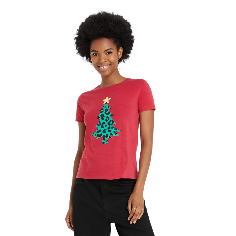 Women's Christmas Tree leopard print logo short sleeve graphic T-shirt by Mighty Fine, featuring festive holiday design and vibrant print.