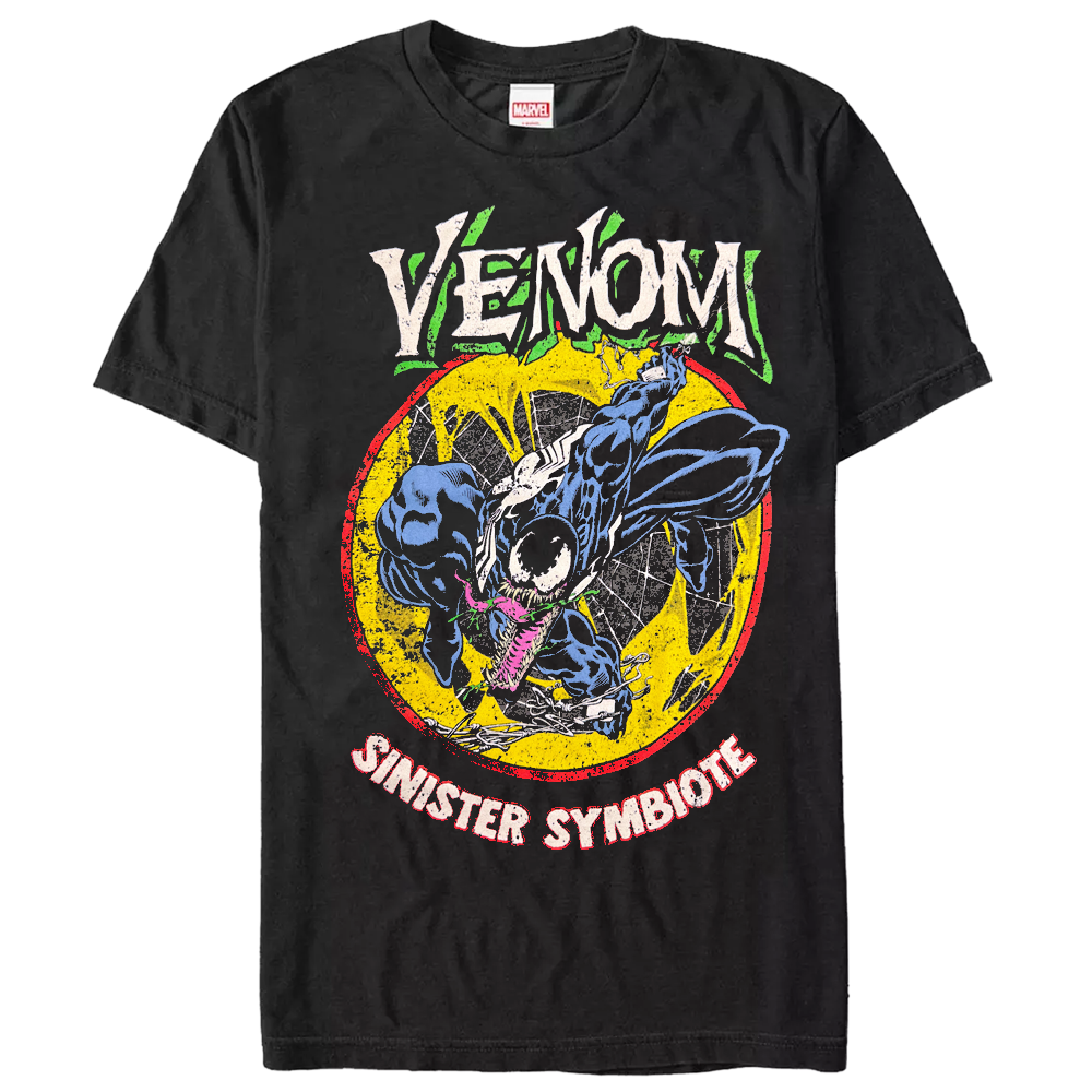Men's black Venom Symbiote Marvel graphic T-shirt featuring Venom illustration on a stylish black shirt by C-Life Group.