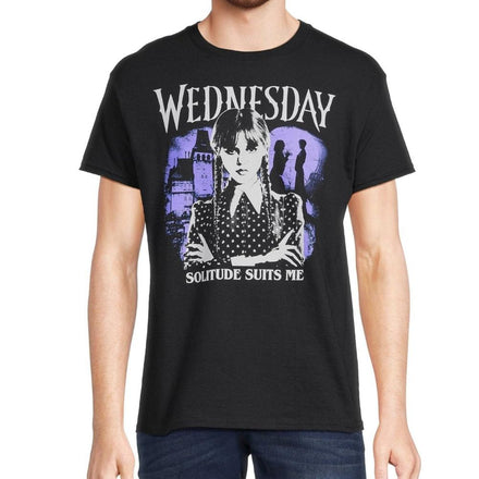 Men's Wednesday Solitude graphic T-shirt by Rex Distributor, Inc., featuring short sleeves and Wednesday-themed design.