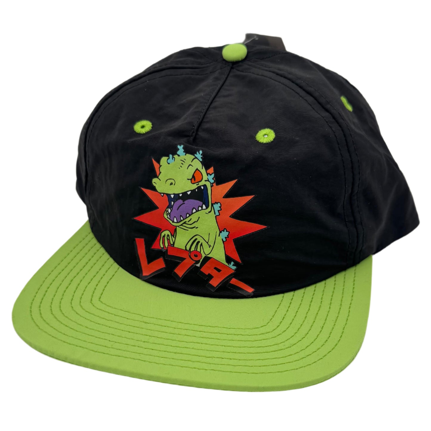 Rugrats Reptar Kanji adult snapback baseball hat featuring Reptar graphic and Japanese characters, black and green color.