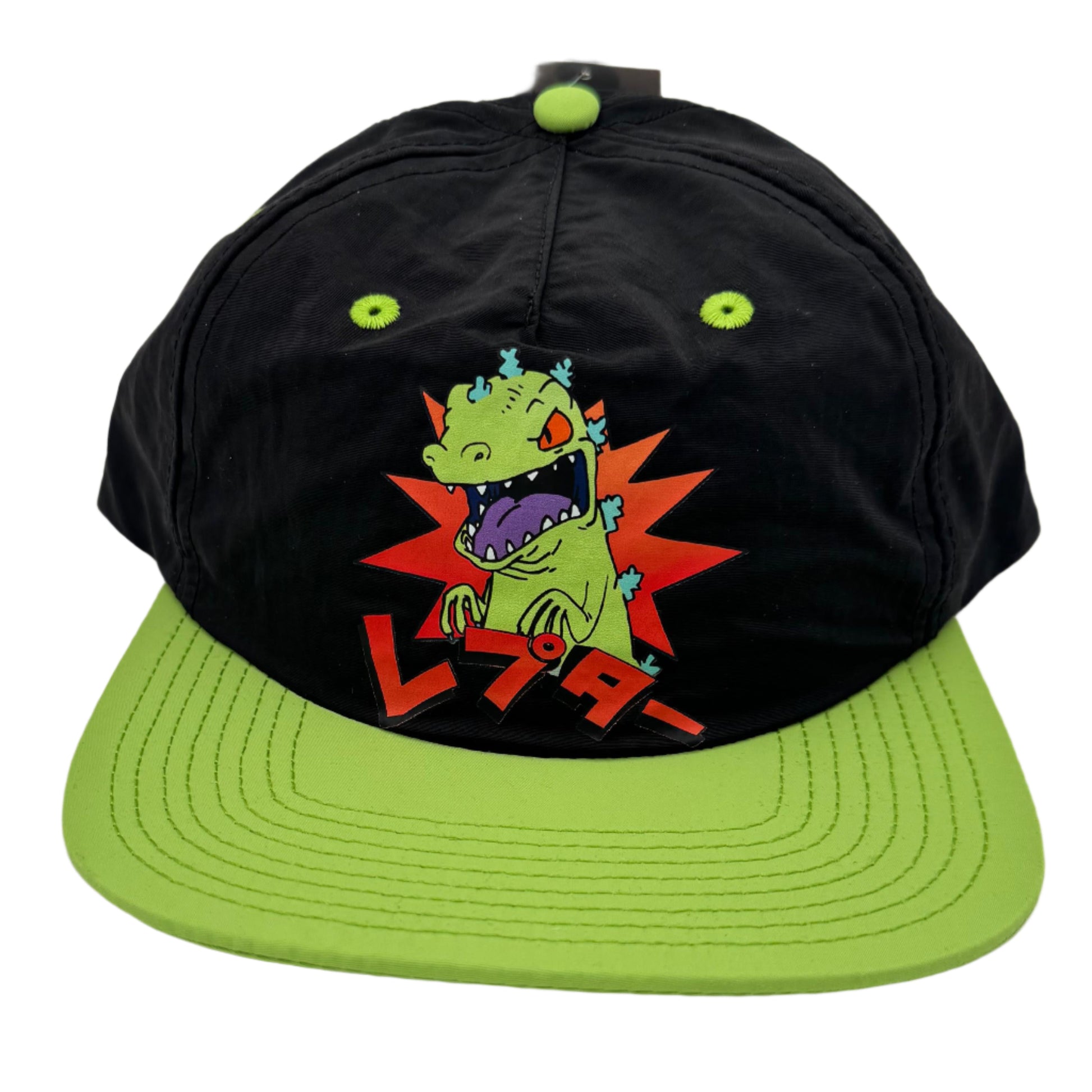 Rugrats Reptar Kanji adult snapback baseball hat with colorful Reptar design and Japanese characters, made by Rex Distributor, Inc.