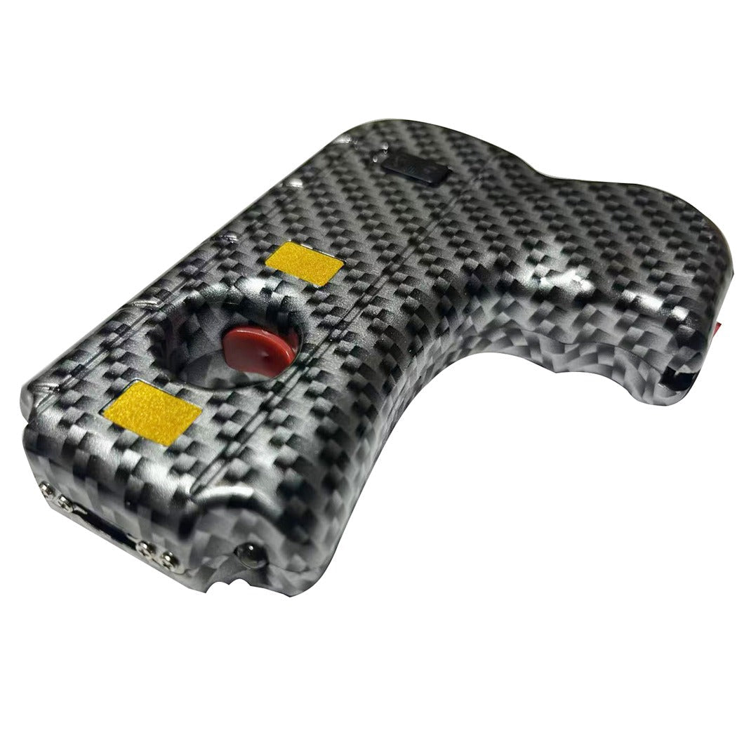 Carbon fiber-textured device with red button and yellow squares on a white background