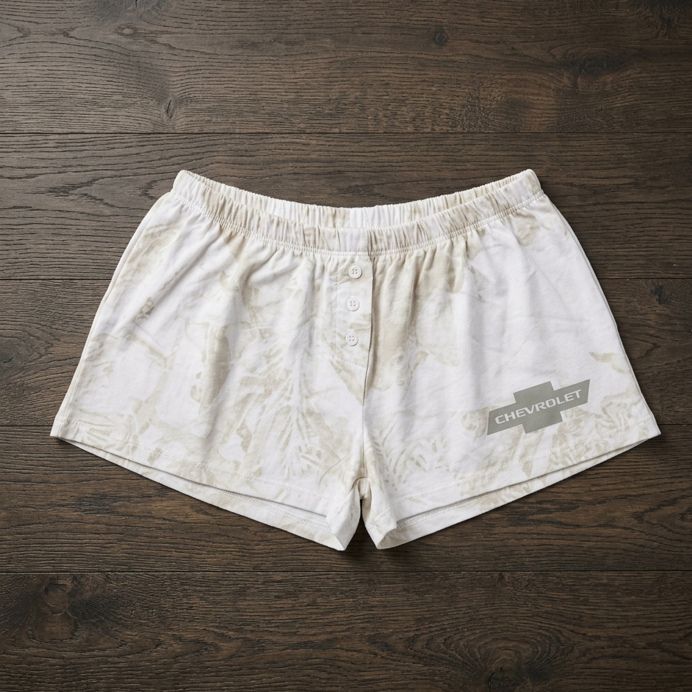 Women junior's white cloud wash sleep shorts with Chevrolet logo, made by C-Life Group, featuring a comfortable, casual design.