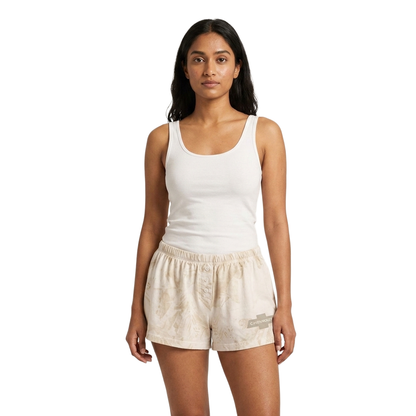 Women’s white cloud wash Chevrolet logo sleep shorts by C-Life Group, featuring a comfortable fit and Chevrolet branding.