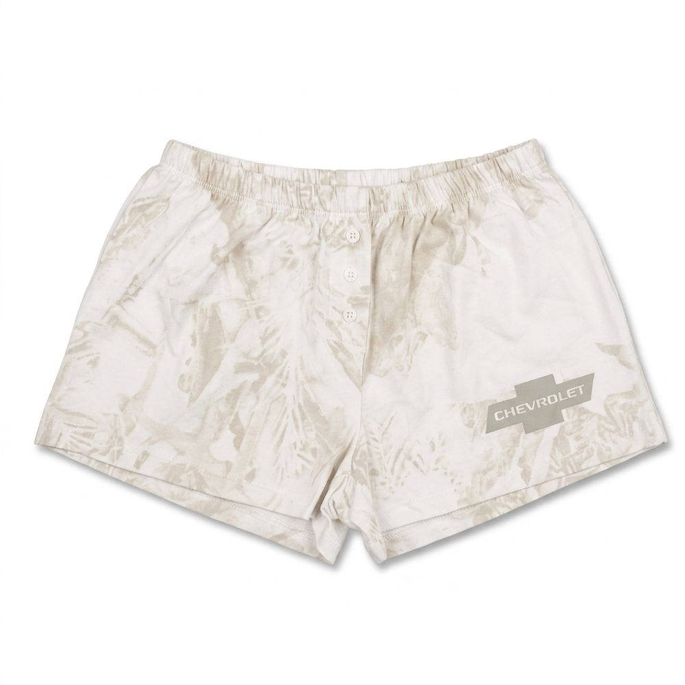 Women junior's white cloud wash Chevrolet logo sleep shorts with an elastic waistband and soft fabric for comfortable loungewear.