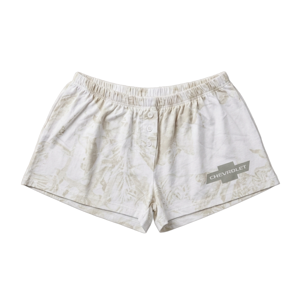 Women junior's white cloud wash Chevrolet logo sleep shorts by C-Life Group, soft fabric with Chevrolet branding and relaxed fit.