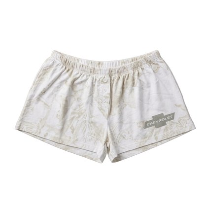 Women junior's white cloud wash Chevrolet logo sleep shorts by C-Life Group, soft fabric with Chevrolet branding and relaxed fit.