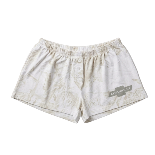 Women junior's white cloud wash Chevrolet logo sleep shorts by C-Life Group, soft fabric with Chevrolet branding and relaxed fit.