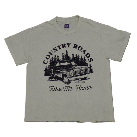 Women Junior's Green Cheverolet Country Roads Take Me Home Crop Top Tee T-Shirt